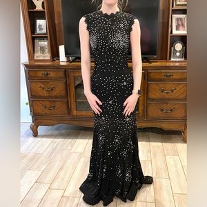 Black rhinestone pageant prom dress sz 1 Betsy Adam dress horseshoe hem EUC $175